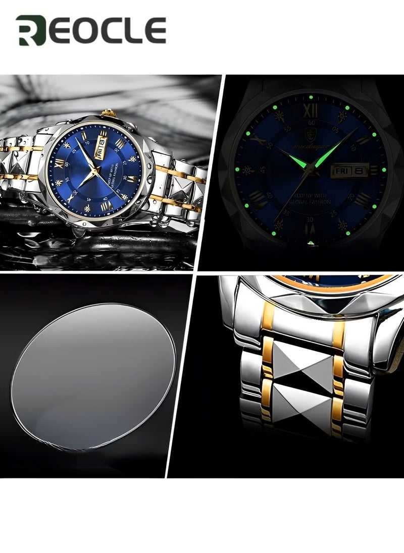 REOCLE Men's Quartz Watch Business Dress Analog Wrist Watch  with Diamond Dial & Stainless Steel Strap & Luminous Pointer & Date & Daily Waterproof  - Image 3