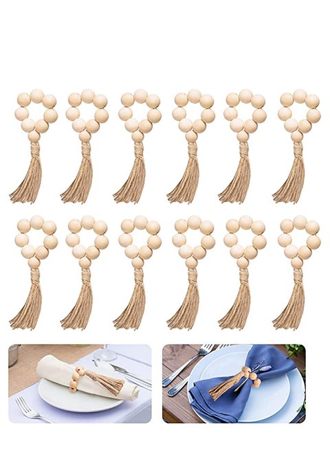 Napkin Rings Set of 12, Handmade Wood Bead Napkin Holder Ring with Rope Tassel Tabletop Decor for Dinning Table Setting, Party, Wedding, Family Gatherings