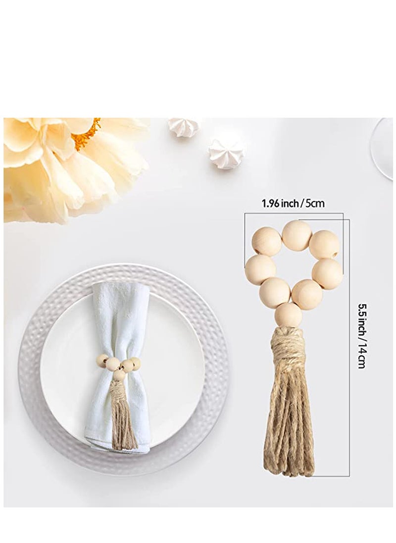 Napkin Rings Set of 12, Handmade Wood Bead Napkin Holder Ring with Rope Tassel Tabletop Decor for Dinning Table Setting, Party, Wedding, Family Gatherings