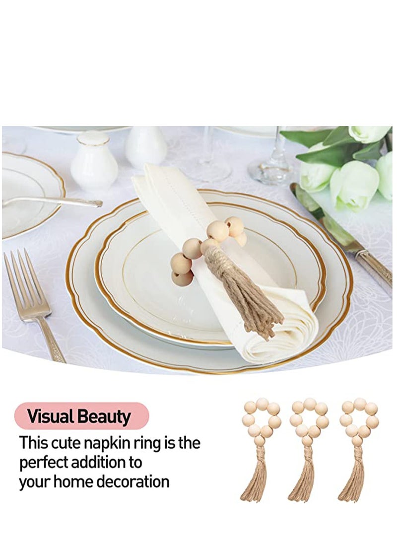 Napkin Rings Set of 12, Handmade Wood Bead Napkin Holder Ring with Rope Tassel Tabletop Decor for Dinning Table Setting, Party, Wedding, Family Gatherings