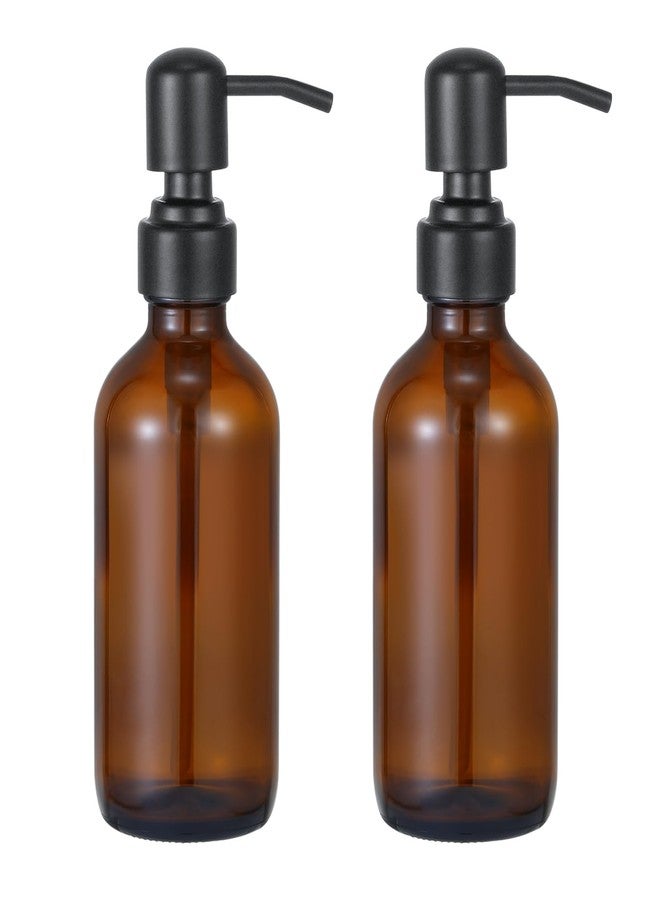CHBKT 2pcs 8oz Amber Glass Jar Soap Dispenser with Matte Black Pump,Round Bottle with Pump, Bathroom Soap Dispenser Set for Farmhouse Home Kitchen Decor (Amber Glass - Matte Black Pump) - Image 1