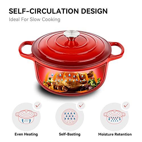 Miereirl 6 Quart Enameled Dutch Oven Pot with Lid, Cast Iron Dutch Oven with Dual Handles for Bread Baking, Cooking, Non-stick Enamel Coated Cookware (Red) - Image 4