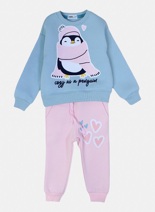 Our kids Girls cotton Pajama Set –  Mint/Pink with "Penguin" Design - Image 1