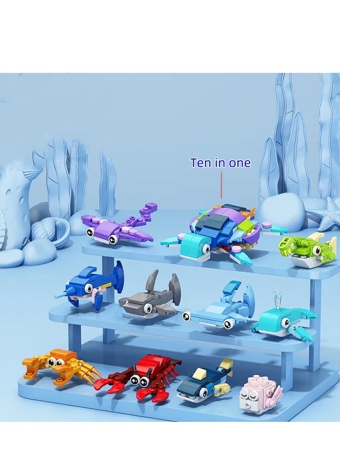 Children's Educational Small Particle Assembly Building Block Collection Set Toy(Marine Animals 10 Small Packs) 