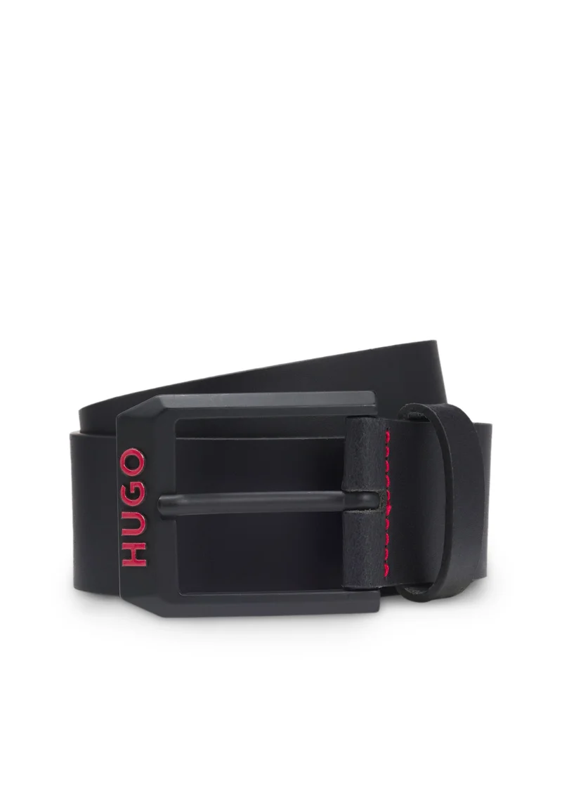 HUGO Italian-leather belt with angular logo buckle