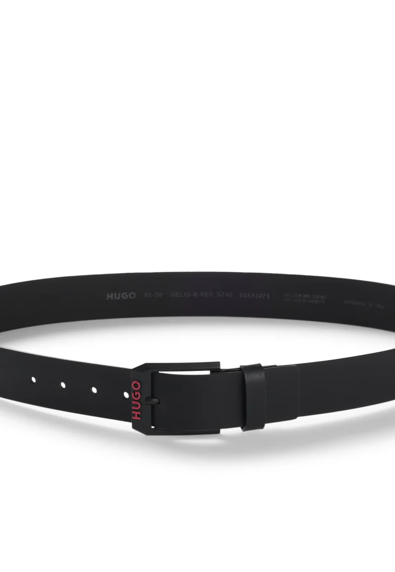 HUGO Black Italian-leather belt with angular logo buckle for Men | Best Price UAE