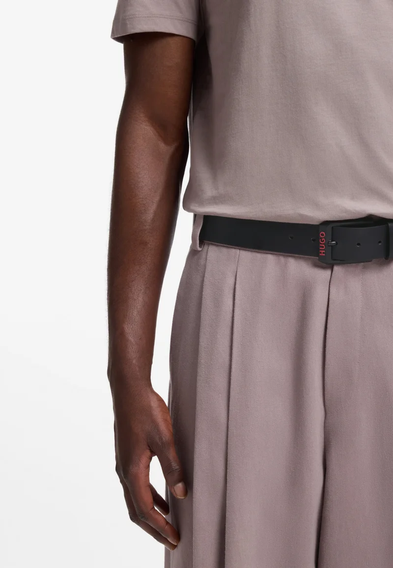HUGO Black Italian-leather belt with angular logo buckle for Men | Best Price UAE