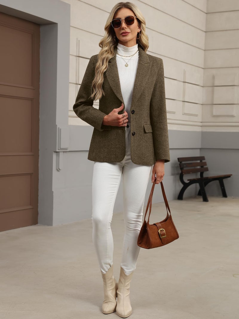 ELLEVEN Wool Blend Tweed Blazers for Women Boyfriend Herringbone Fall Winter Blazers Dressy Business Casual Double Button Long Sleeve Suit Oversize Harris Tweed Suit Jacket Brown Large - Image 5
