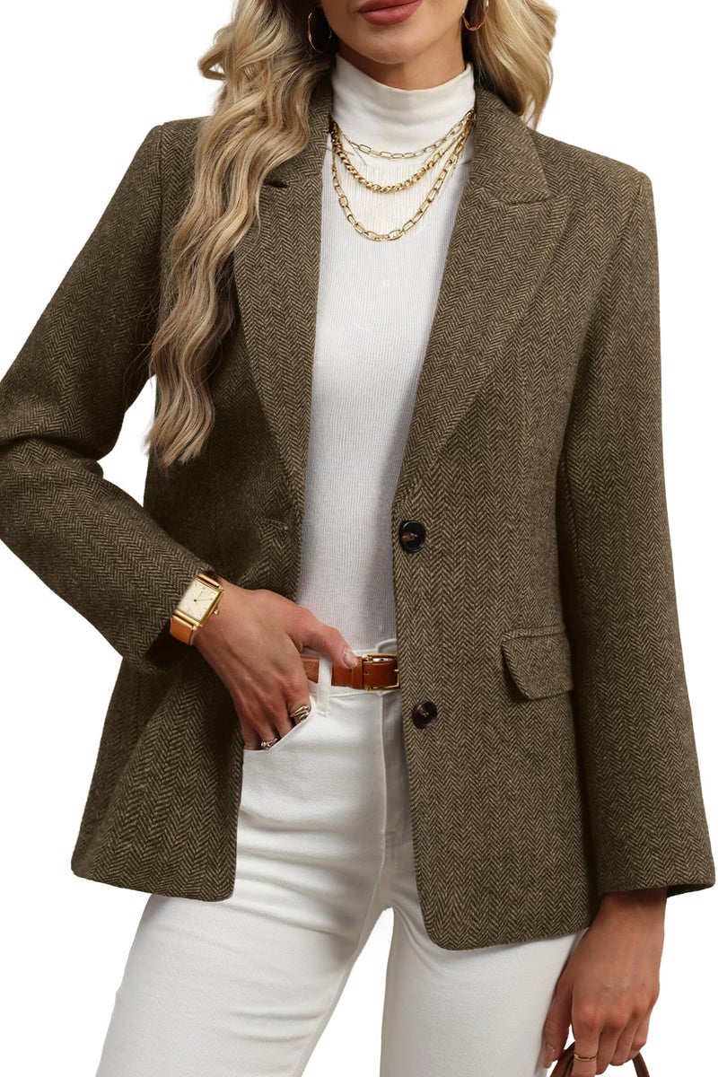 ELLEVEN Wool Blend Tweed Blazers for Women Boyfriend Herringbone Fall Winter Blazers Dressy Business Casual Double Button Long Sleeve Suit Oversize Harris Tweed Suit Jacket Brown Large - Image 1