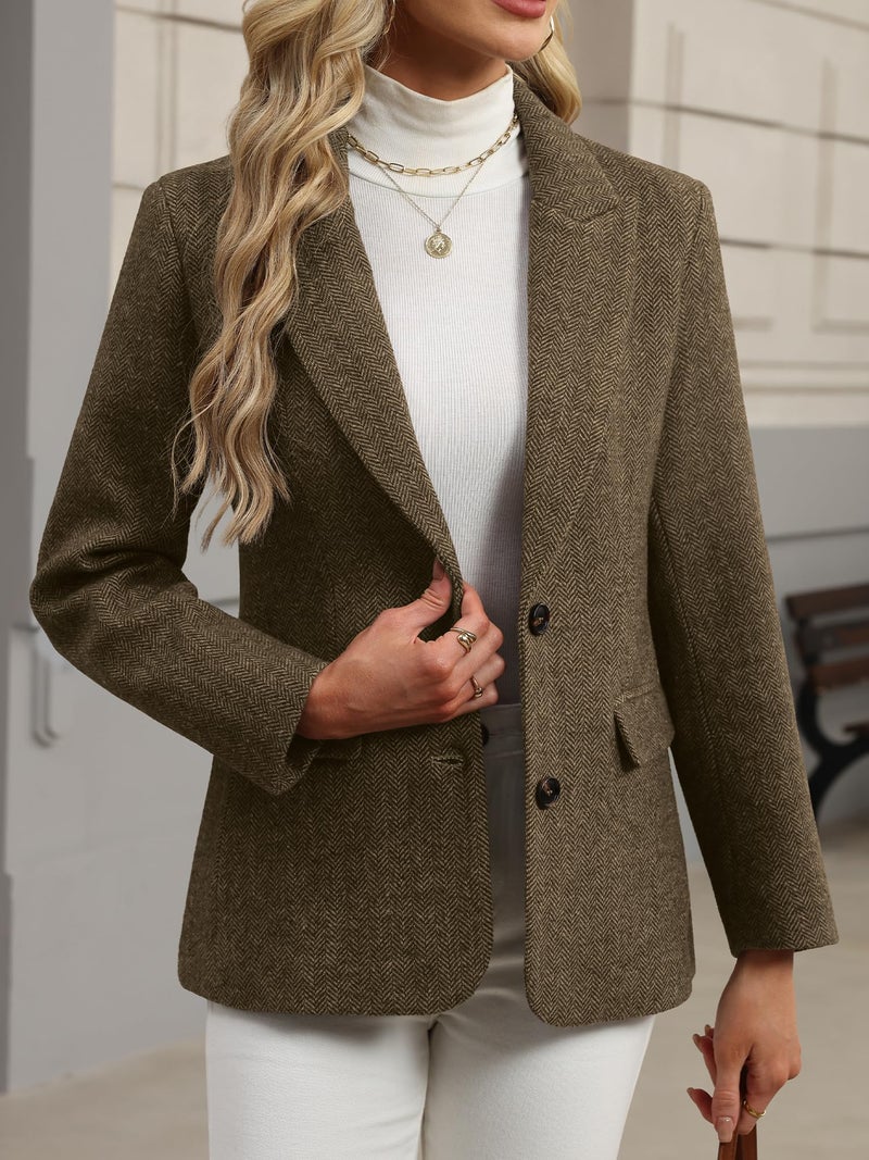 ELLEVEN Wool Blend Tweed Blazers for Women Boyfriend Herringbone Fall Winter Blazers Dressy Business Casual Double Button Long Sleeve Suit Oversize Harris Tweed Suit Jacket Brown Large - Image 2