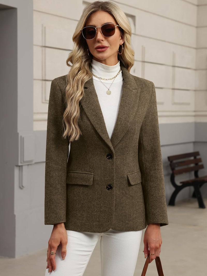 ELLEVEN Wool Blend Tweed Blazers for Women Boyfriend Herringbone Fall Winter Blazers Dressy Business Casual Double Button Long Sleeve Suit Oversize Harris Tweed Suit Jacket Brown Large - Image 4