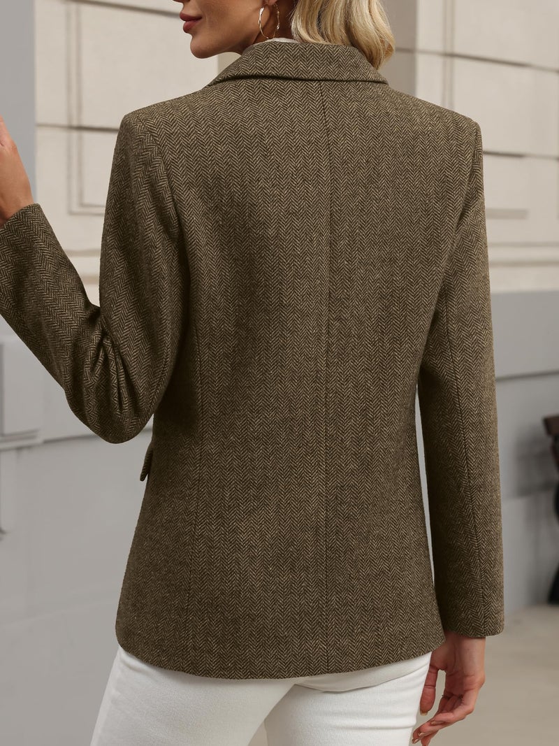 ELLEVEN Wool Blend Tweed Blazers for Women Boyfriend Herringbone Fall Winter Blazers Dressy Business Casual Double Button Long Sleeve Suit Oversize Harris Tweed Suit Jacket Brown Large - Image 3