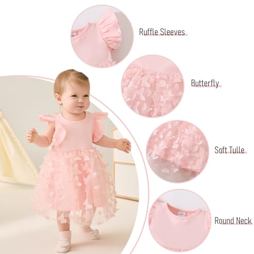 TENTIDE Baby Girl Butterfly Dress Tutu Ruffle Sleeveless Dresses Photograph Party Outfits Birthday Gift(6-12 Months, Pink) - Image 3