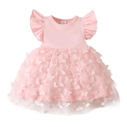 TENTIDE Baby Girl Butterfly Dress Tutu Ruffle Sleeveless Dresses Photograph Party Outfits Birthday Gift(6-12 Months, Pink) - Image 1