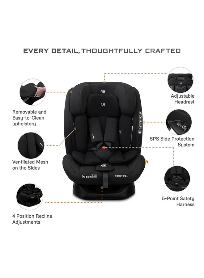 neobreez I-HEPTA All-in-1 Convertible Travel Car Seat for Baby, Toddler Child Girls Boys, i-Size, ECER129, Reclining&Adjustable Memory Foam, Lumbar&Reducing Cushion 0–36kg, 0–12Yrs, Group 0/1/2/3, 5-Point Harness