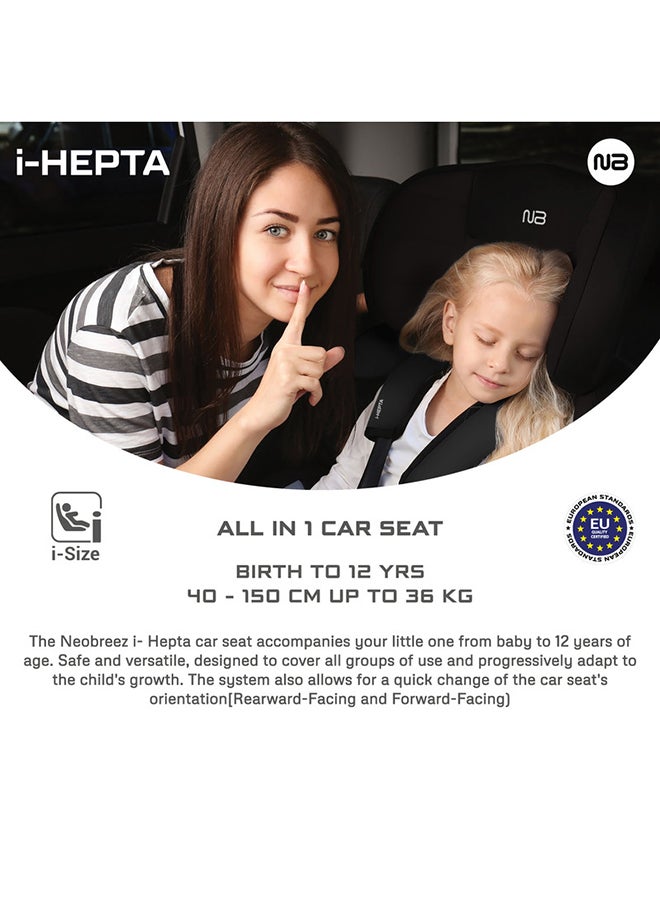 I-Hepta All-In-One Convertible Baby Infant Toddler Car Seat Latest I-Size Ecer129, Recline & Adjustable, Memory Foam, Lumbar & Reducing Cushion Forward & Rear Facing,  Group 0/1/2/3 0-36 Kg, 0-12Years