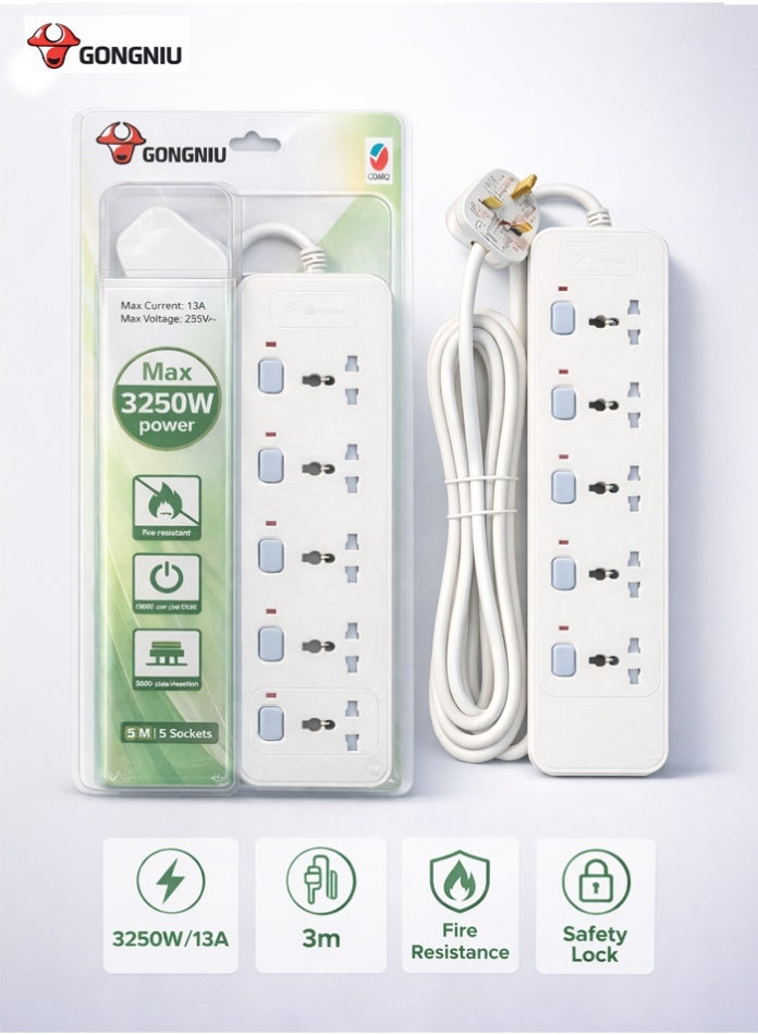 غونغنيو سلك تمديد كهربائي متعدد المنافذ بطول 3 أمتار، بخمسة منافذ عالمية مع مفاتيح فردية، وفتحات للتعليق، مناسب للاستخدام المنزلي والمكتبي. - Image 1