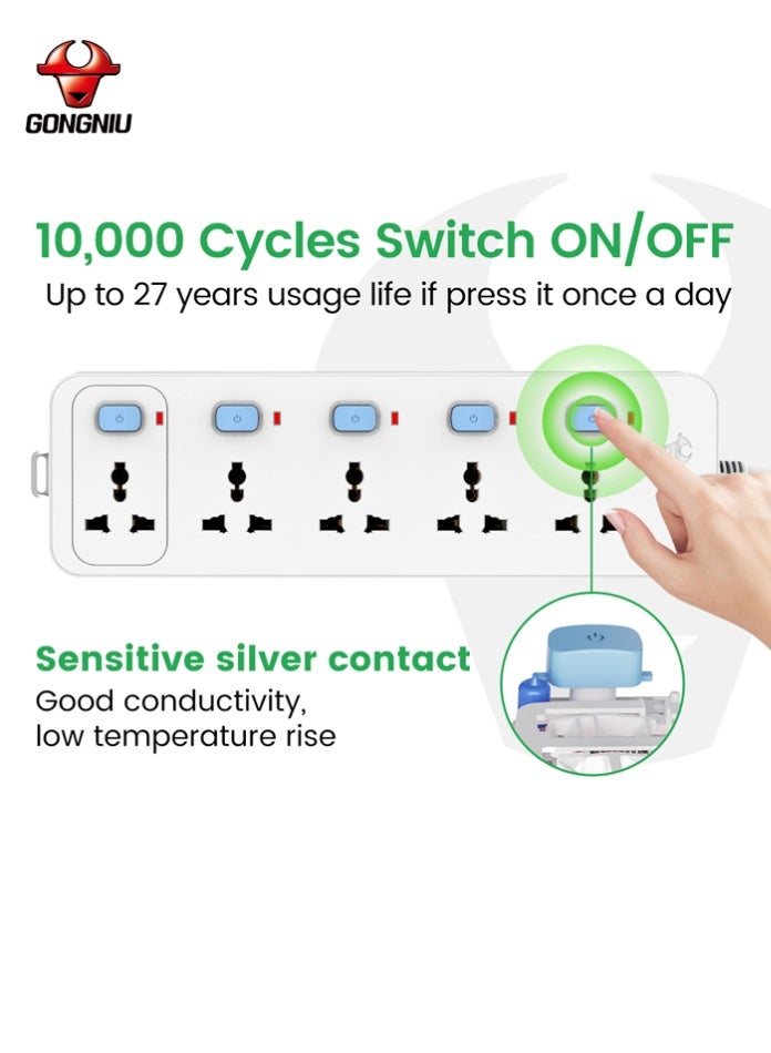 غونغنيو سلك تمديد كهربائي متعدد المنافذ بطول 3 أمتار، بخمسة منافذ عالمية مع مفاتيح فردية، وفتحات للتعليق، مناسب للاستخدام المنزلي والمكتبي. - Image 4
