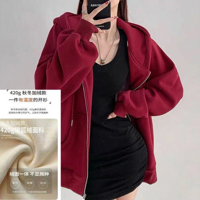 Heavy Pilling Sweater Womens fleece-lined Thickened Loose Casual Slimming Hooded Zipper Jacket Cardigan Burgundy-version [spring and autumn] 
