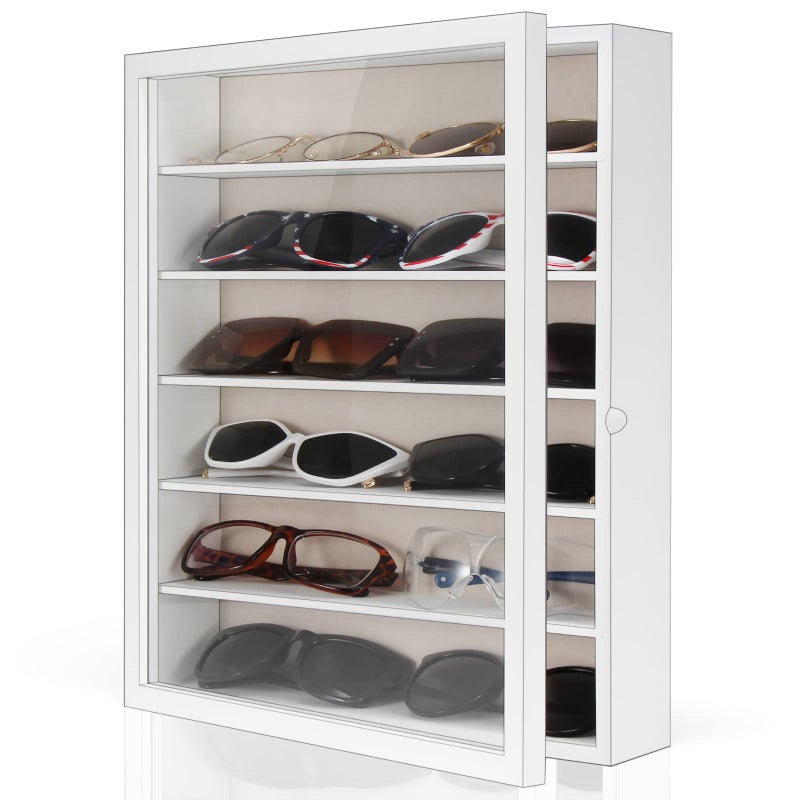 TJMOREE TJ.MOREE Sunglasses Organizer Storage Wall Mounted: 13 x 15.6 inches Eyewear Display Case Rustic Wood Eyeglasses Holder Large Glasses Storage Box,White - Image 1