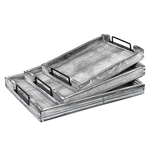 VERGOODR Country Rustic Torched Wood Nesting Breakfast Serving Trays with Handles, Set of 3 (White Grayish) - Image 1