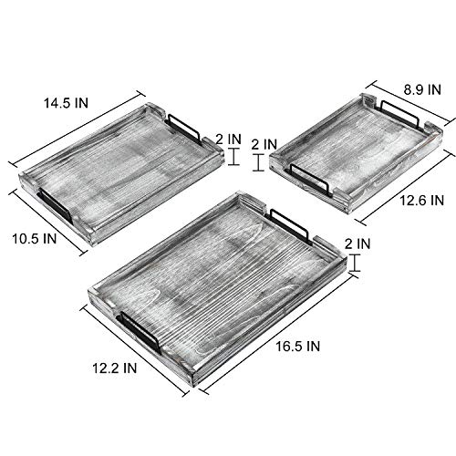 VERGOODR Country Rustic Torched Wood Nesting Breakfast Serving Trays with Handles, Set of 3 (White Grayish) - Image 2