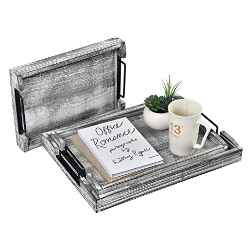 VERGOODR Country Rustic Torched Wood Nesting Breakfast Serving Trays with Handles, Set of 3 (White Grayish) - Image 3