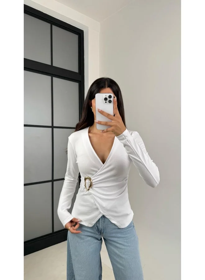 GAUS White V-Neck Gold-Trim Asymmetrical Cut Blouse GAUS-0085.