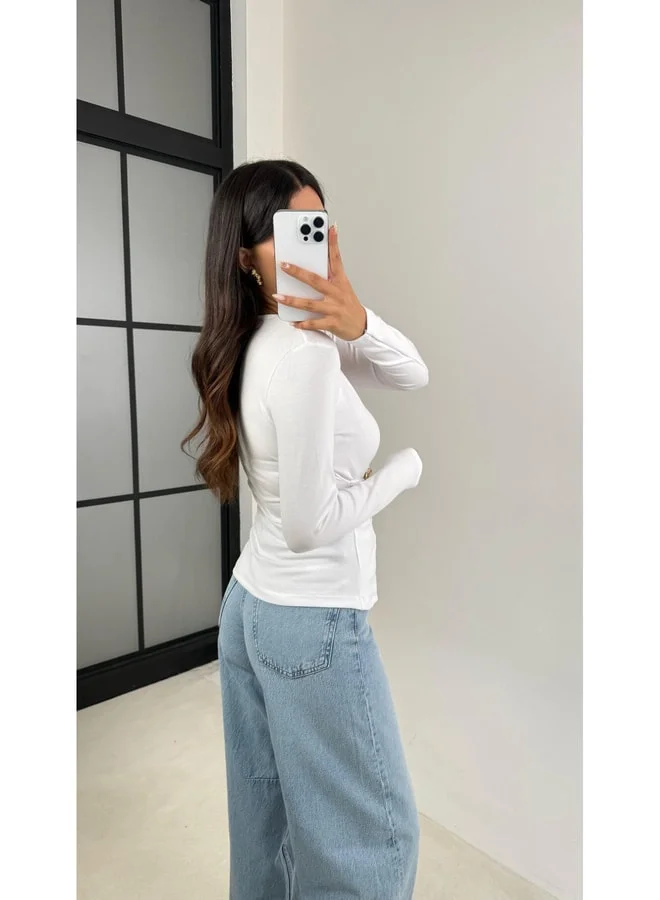 GAUS White V-Neck Gold-Trim Asymmetrical Cut Blouse GAUS-0085.