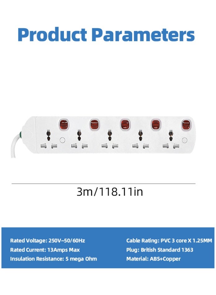 5-Way Extension Cord with Individual Switches, Surge-Protected Power Strip for Home & Office, 3M Heavy-Duty PVC Cable, 250V 13A BS1363 Plug, Safe ABS Copper Multi-Socket Extension - Image 3