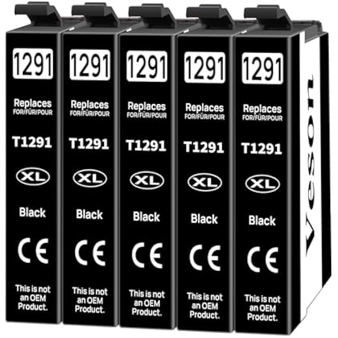 T1291 MULTIPACK INK CARTRIDGES COMPATIBLE WITH EPSON WF 3520 PRINTER CARTRIDGES FOR EPSON T1291 WORKFORCE WF-3540 WF-7515 WF-7525 STYLUS SX420W SX525WD SX235W STYLUS OFFICE BX635FWD (5 BLACK) - Image 1
