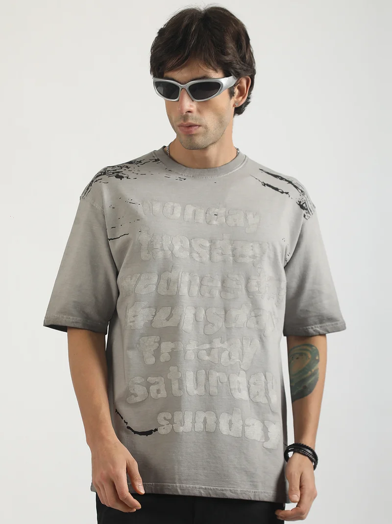 Maniac Mens Washed Days Printed Round Neck Half Sleeve Grey Cotton T-Shirt