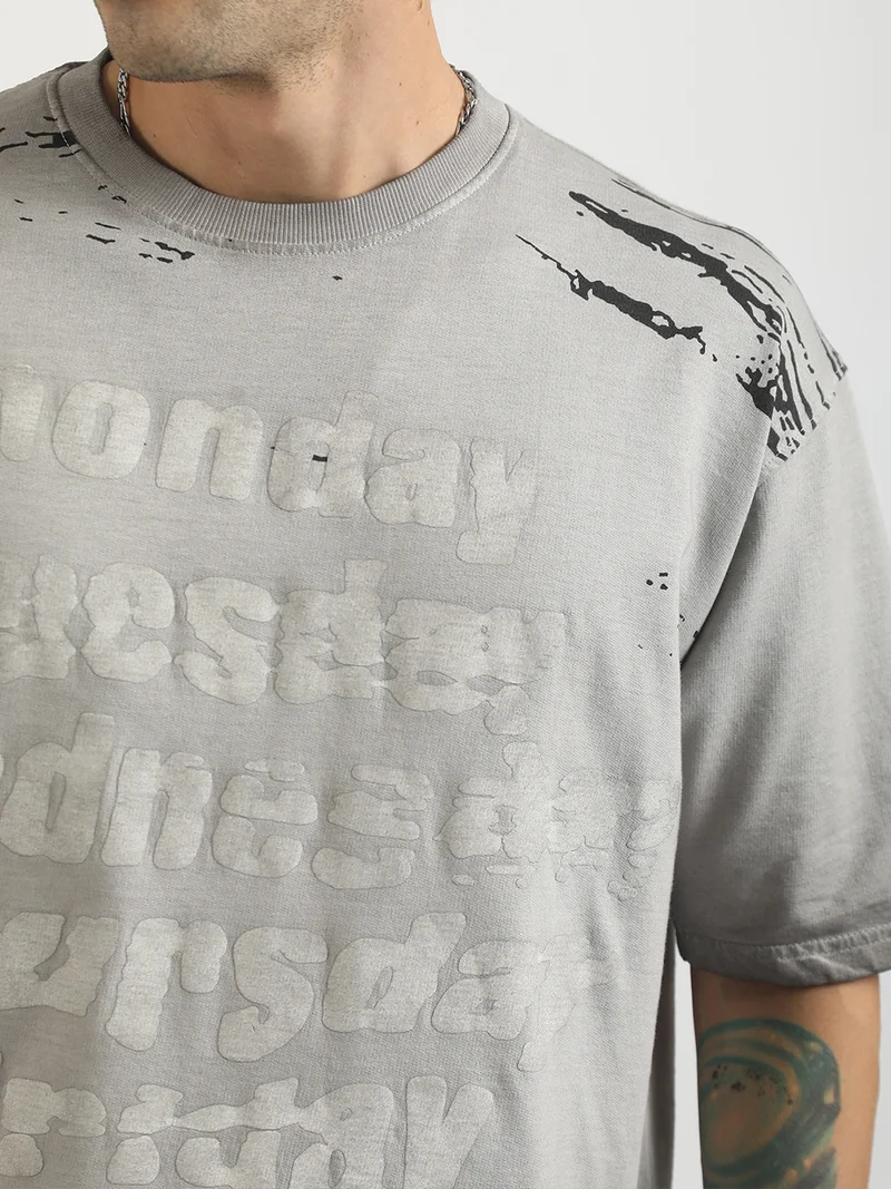 Maniac  Maniac Mens Washed Days Printed Round Neck Half Sleeve Grey Cotton T-Shirt for Men | Best Price UAE