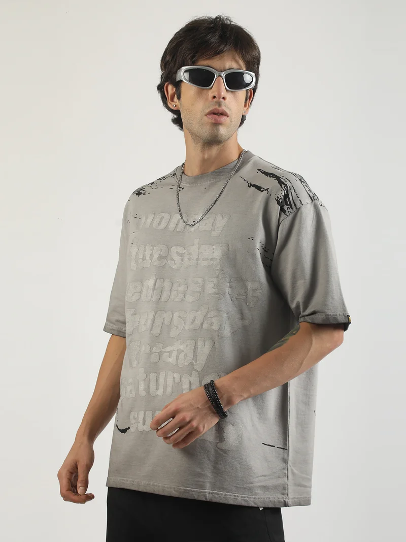 Maniac  Maniac Mens Washed Days Printed Round Neck Half Sleeve Grey Cotton T-Shirt for Men | Best Price UAE