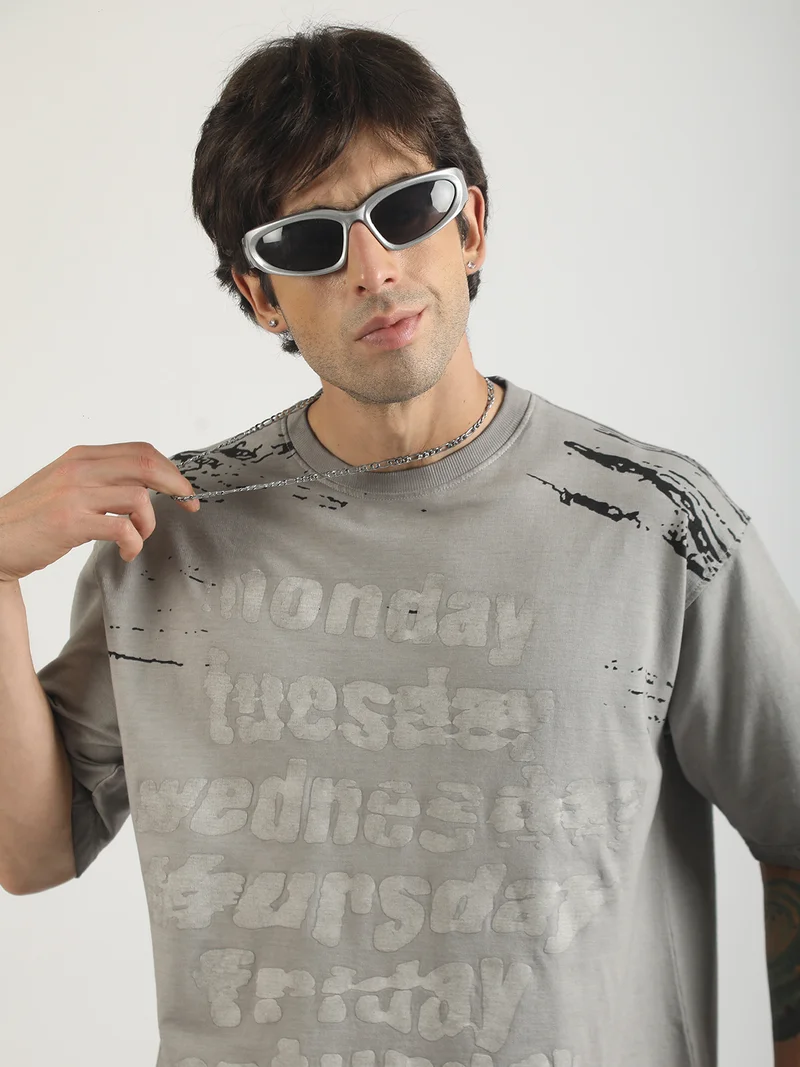 Maniac  Maniac Mens Washed Days Printed Round Neck Half Sleeve Grey Cotton T-Shirt for Men | Best Price UAE
