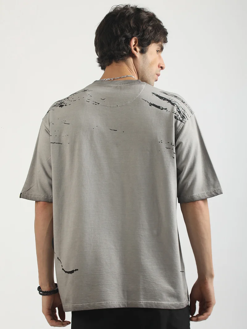 Maniac  Maniac Mens Washed Days Printed Round Neck Half Sleeve Grey Cotton T-Shirt for Men | Best Price UAE