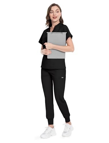 niaahinn Scrub for Women Scrubs Top with Classic V-Neck & Yoga Jogger Pants Medical Nursing Uniform Scrub Set (Black, S) - Image 2