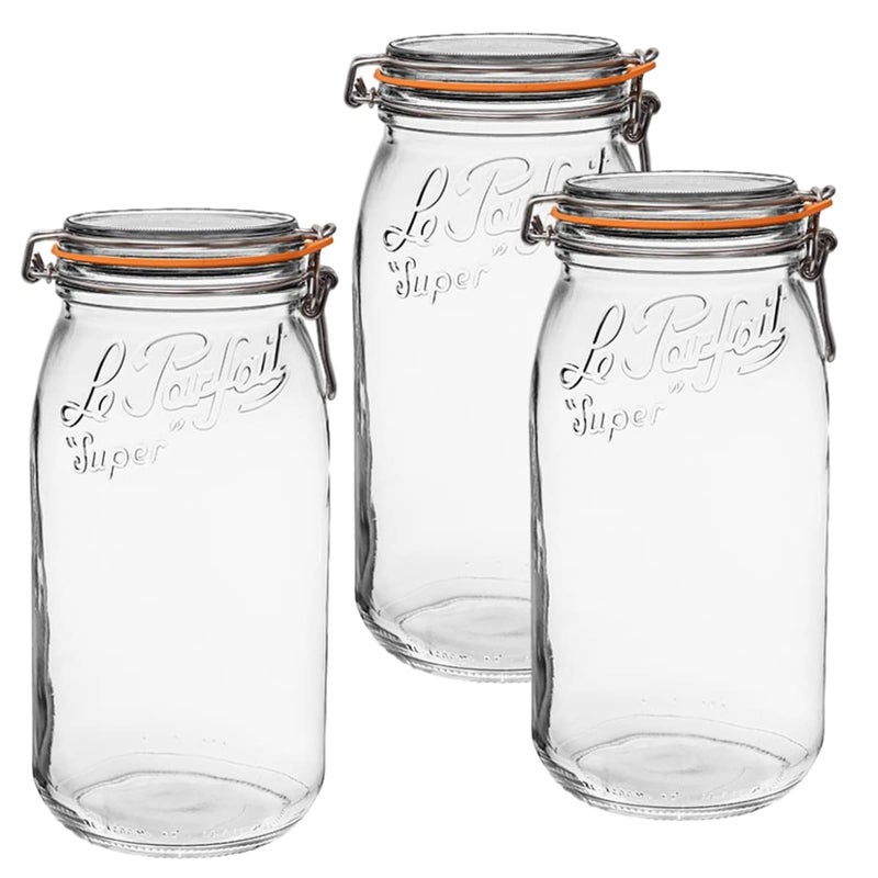 Le Parfait Super Jar 3L French Glass Canning Jars Wide Mouth Airtight Lid 96oz3 Quarts 3 pk CP