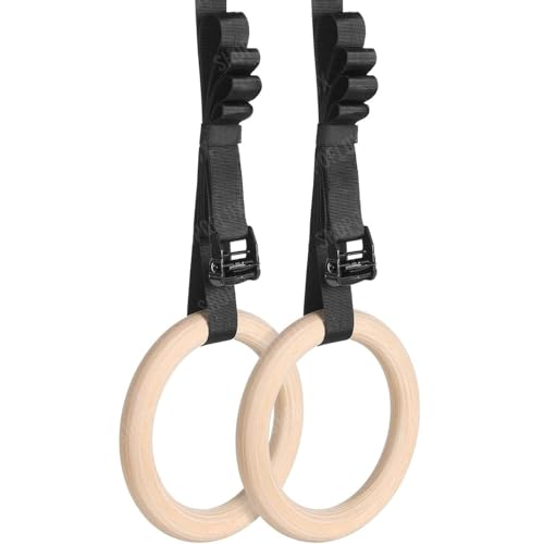 SHOPOFLUX Gymnastic Wooden Rings with Heavy Duty Adjustable Strap | Roman Rings Perfect for Calisthenics Competition and Conditioning Training - Image 1