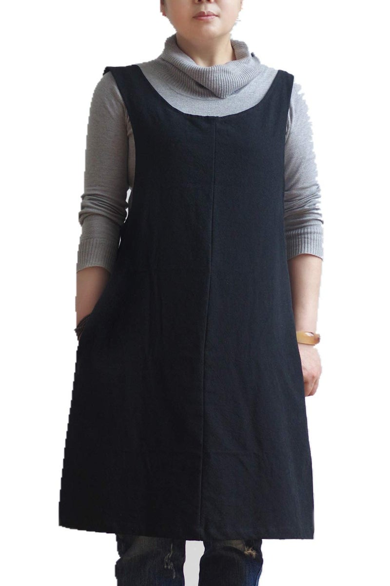 AOBBYBBS Soft Cotton Linen Apron Solid Color Halter Cross Bandage Aprons Japan Japanese Style X Shape Kitchen Cooking Clothes Gift for Women Chef Housewarming (Black) - Image 2