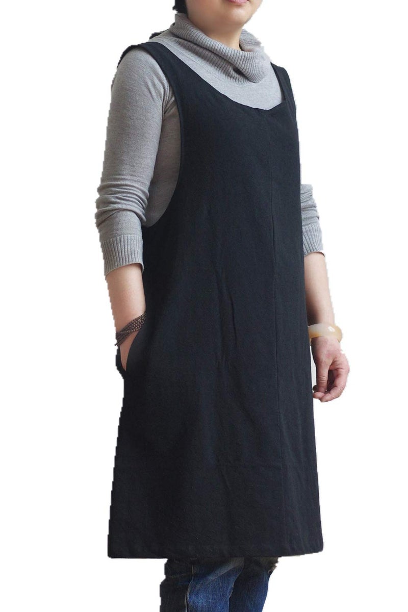 AOBBYBBS Soft Cotton Linen Apron Solid Color Halter Cross Bandage Aprons Japan Japanese Style X Shape Kitchen Cooking Clothes Gift for Women Chef Housewarming (Black) - Image 4