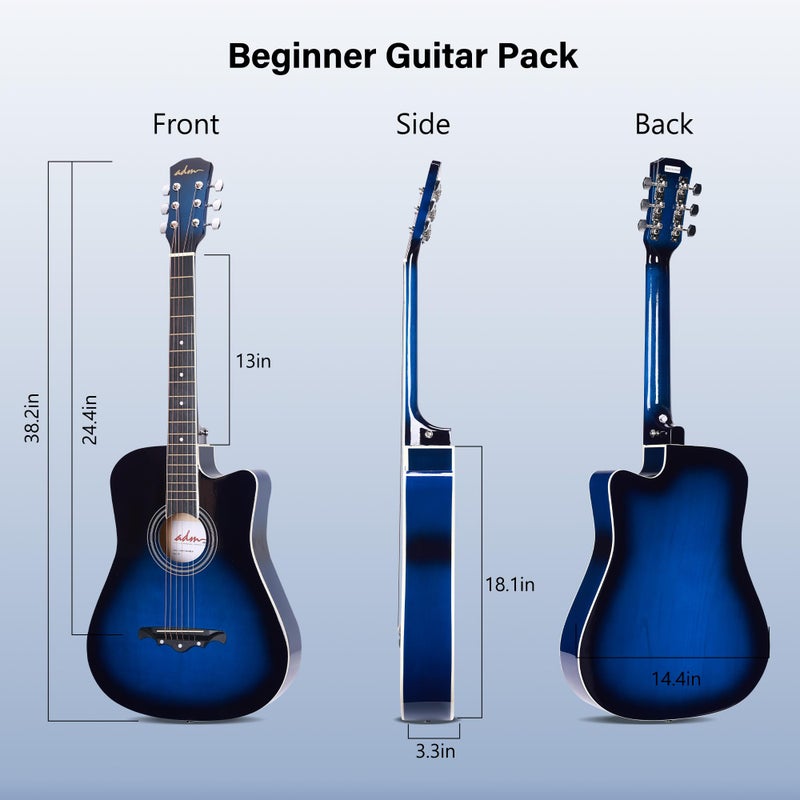 ADM 38" Inch Acoustic Guitar Bundle for Beginners Adults with Online Lesson, Cutaway Wood Acustica Guitarra Starter Set Package with Gig Bag, Strap, Steel Strings, Picks, Capos, Stand, Deep Blue - Image 3