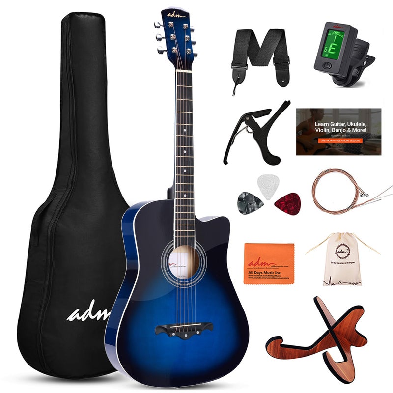 ADM 38" Inch Acoustic Guitar Bundle for Beginners Adults with Online Lesson, Cutaway Wood Acustica Guitarra Starter Set Package with Gig Bag, Strap, Steel Strings, Picks, Capos, Stand, Deep Blue - Image 1