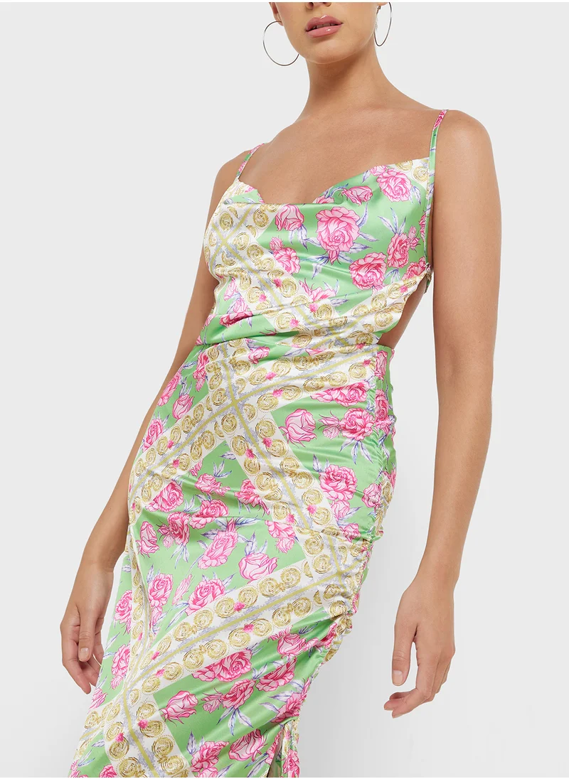 Ginger Cowl Neck Backless Ditsy Floral Satin Dress