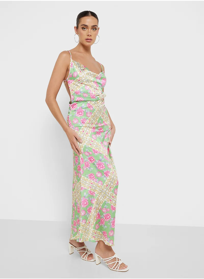 Ginger Cowl Neck Backless Ditsy Floral Satin Dress