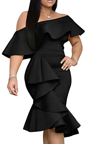 GOBLES Women's Elegant Off The Sholder Back Zipper Ruffles Bodycon Midi Cocktail Dress Black - Image 1