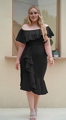 GOBLES Women's Elegant Off The Sholder Back Zipper Ruffles Bodycon Midi Cocktail Dress Black - Image 5