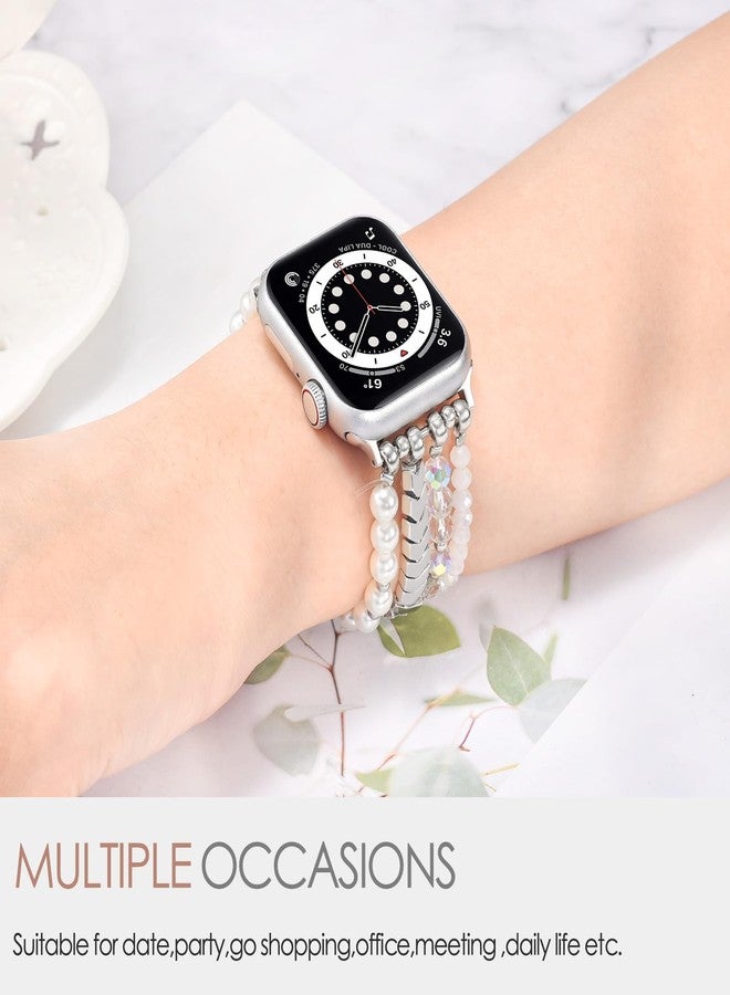 MOFREE Beaded Bracelet Compatible with Apple Watch Band 38mm/40mm/41mm/42mm, Fashion Elastic Stretch Women Bands for iWatch Series 11/10/9/8/7/SE/6/5/4/3/2/1 iPhone Watch Strap Bands White - Image 5