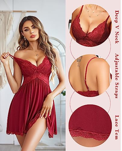 Avidlove Women Babydoll Nightgown Chemises Lace Modal Sleepwear V-Neck Full Slip Sleep Dress (Dark Red, L) - Image 2