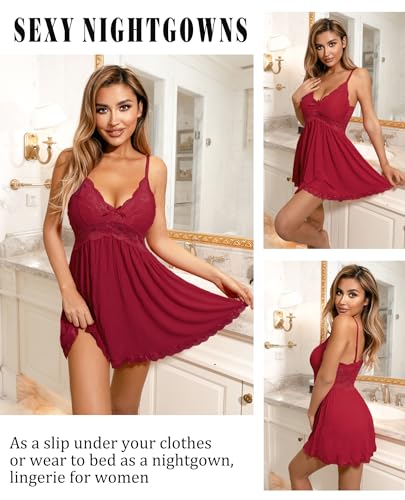 Avidlove Women Babydoll Nightgown Chemises Lace Modal Sleepwear V-Neck Full Slip Sleep Dress (Dark Red, L) - Image 4
